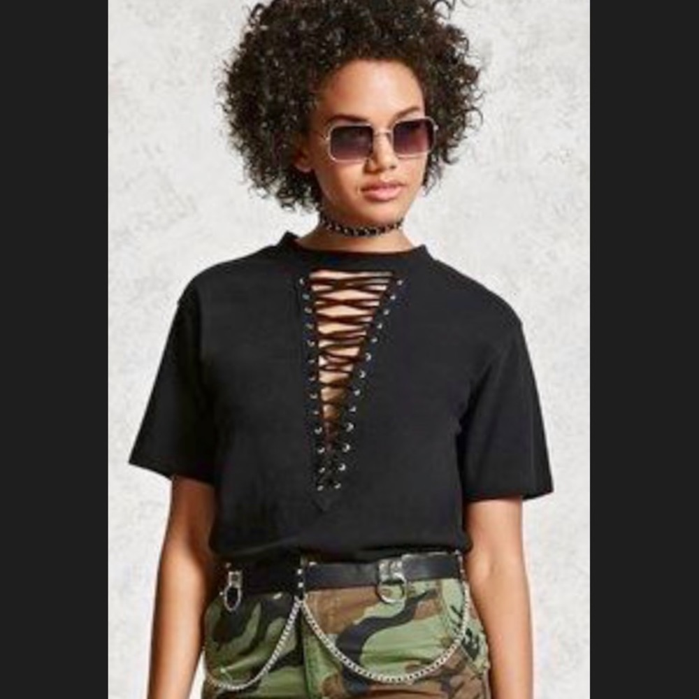 F21 plunging lace up tee